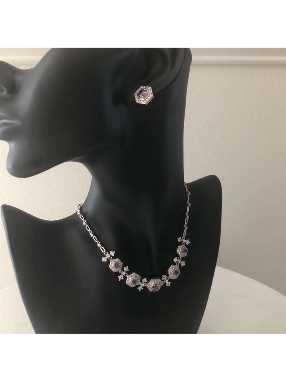 Silver & Purple Crystal Floral Necklace and Stud Earring Set